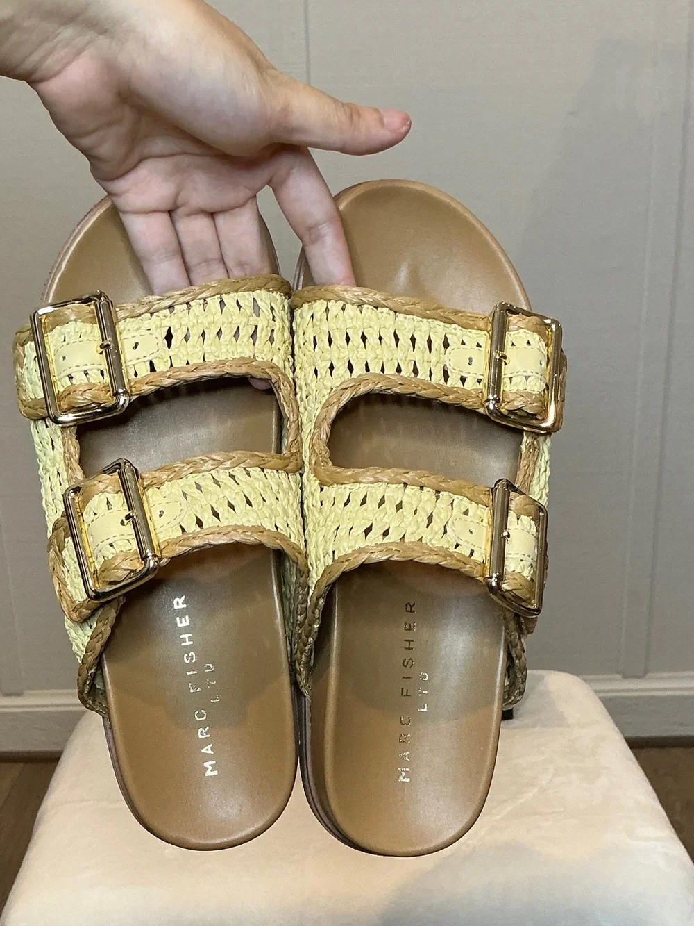 Marc Fisher Mylan Woven Buckle Slide Sandals Medium Natural Tan